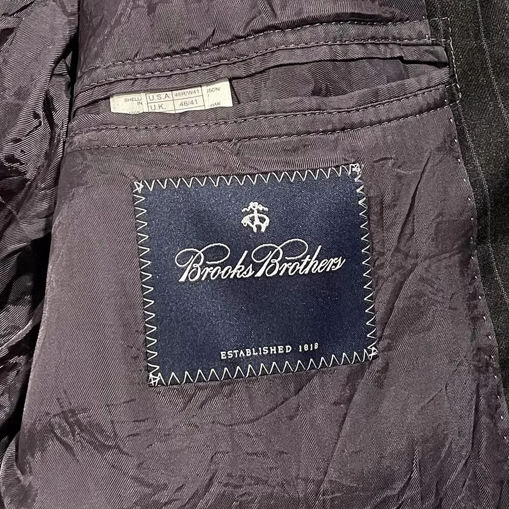 Brooks Brothers Mens Suit Jacket Wool Two Button Stripe Black Purple Size 46R GJ